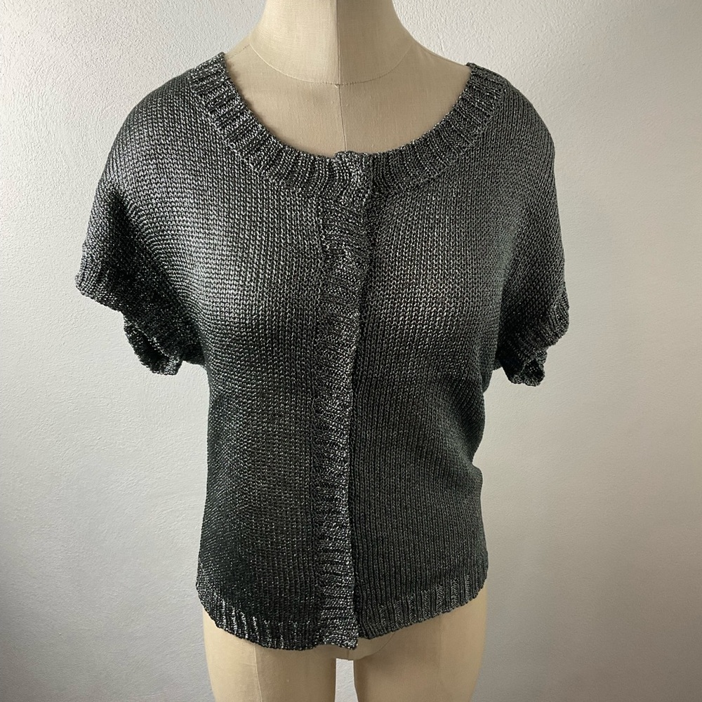 ETCETERA Silver Metallic Snap Cardigan Sweater Sz S